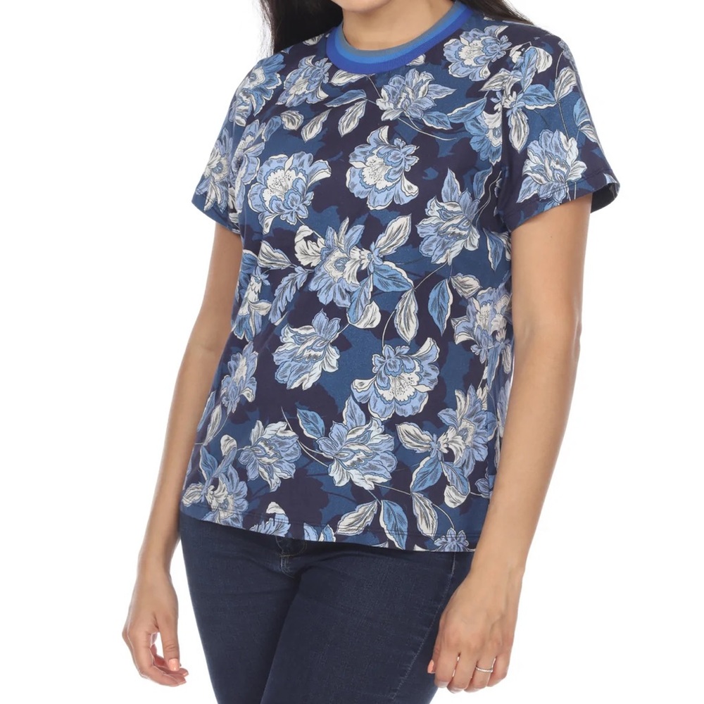 Johnny Was Floral Blue/Multi Printed Short Sleeve Tee Boho Chic L